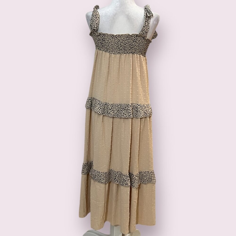 BucketList Womens M Tiered Maxi Dress Beige Boho Smocked Animal Print USA - Picture 3 of 9